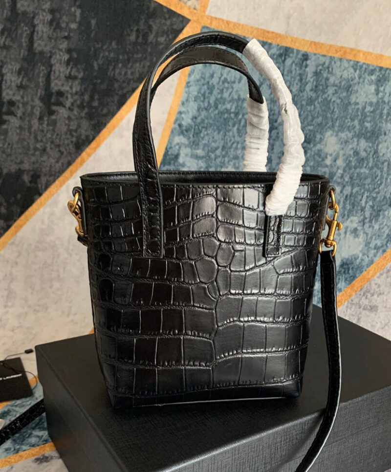 Saint Laurent Paris Mini Toy Shopping In Crocodile-Embossed Leather Black